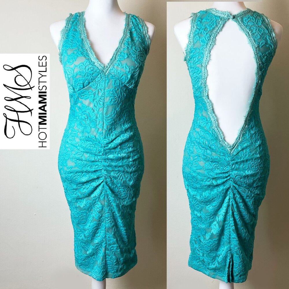 Hot Miami Styles Sexy Teal Lace Dress | Padded Bra Open Back | Size M